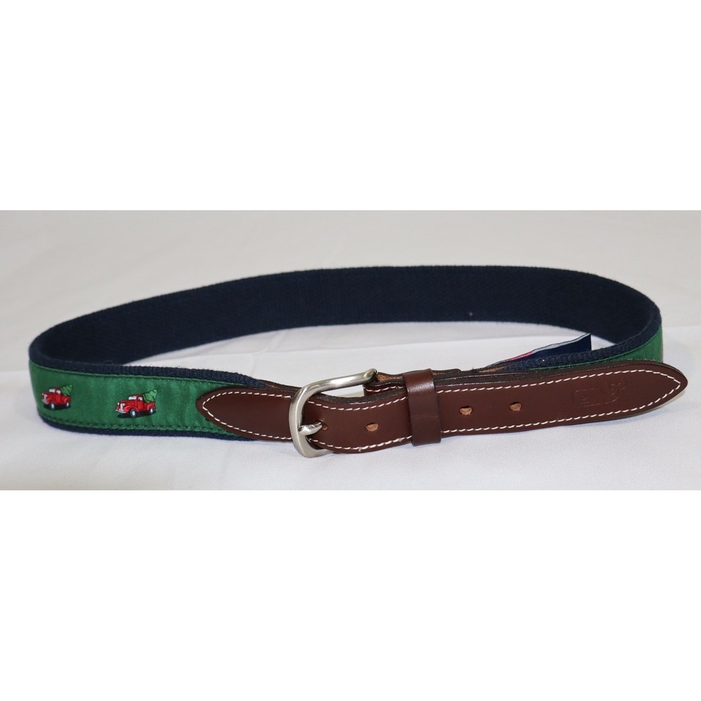 Vineyard Vines Christmas Green Truck & Tree Canvas Club Belt Size 28inch Waist